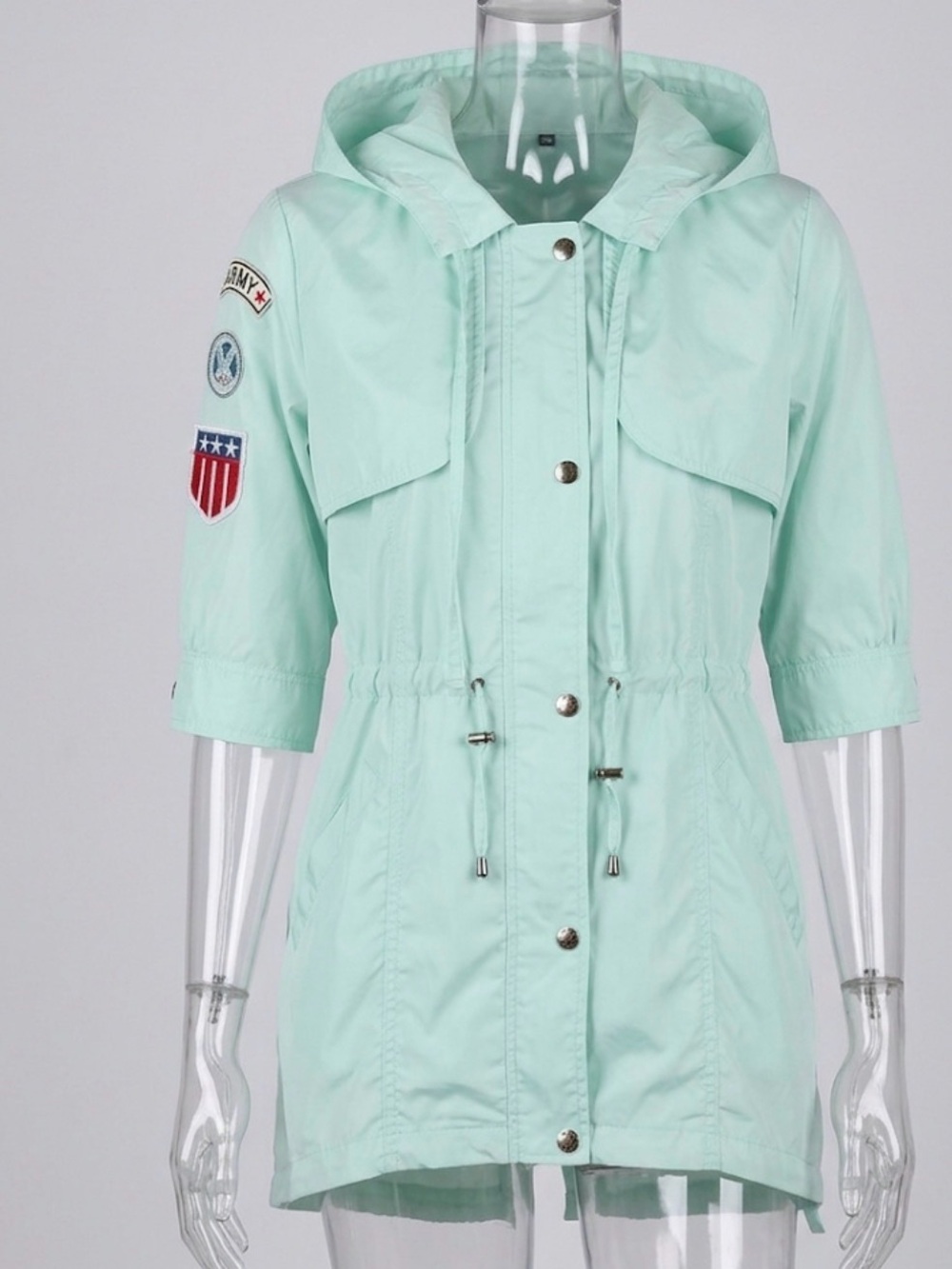 Lightweight Mint Green Parka Jacket with Hood & Army Patches - Size M
